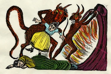 José Guadalupe Posada (1852 - 1913). Josephina Lora släpas till helvetet av en djävul. Xylografisk akvarell, Mexico City