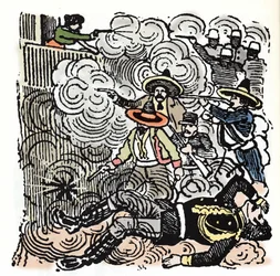 Den mexikanska revolutionen (1910-1920): attack mot Aquiles Serdans hus (1876-1910). Xylografi av Jose Guadalupe Posada (1852-1913).