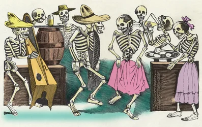 De levande döda: "" Gran Fandango y Francachela de todas las Calaveras "", xylografi av José Guadalupe Posada (1852 - 1913) som illustrerar festligheterna på De dödas dag (1 november). Mexiko:.
