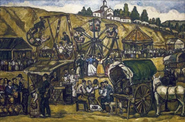 GUTIERREZ SOLANA, Jose (1886-1945). Fest på San Isidros äng i Madrid (fest på San Isidoros äng, Madrid). 1933. Olja på duk. Privat samling