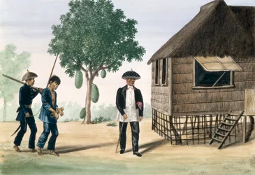 En fånge ledd av en polisman och en rådman, från "The Flebus Album of Views In and Around Manila", ca 1845