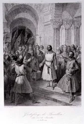 Godfrey of Bouillon (c.1060-1100) Vald till kung av Jerusalem, graverad av Leopold Massard (1812-89) (gravyr)