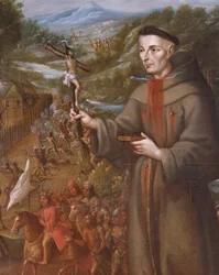 Förstörelse av indianerna av uppdraget St. Saba i Texas och martyrdöden för franciskanerbrodern Jose de Sanriesban (detalj) (olja på duk)