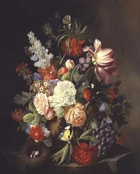 Ett stilleben av blandade sommarblommor i en urna (olja på duk)