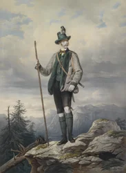 Porträtt av den unge kejsaren i Ischl jaktdräkt, färgad litografi av Kriehuber, 67 x 49 cm