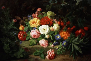 Stilleben med sommarblommor (rosor, primula) och frukt (ananas, körsbär). Målning av Josef Lauer (1818-1881) Privat samling.