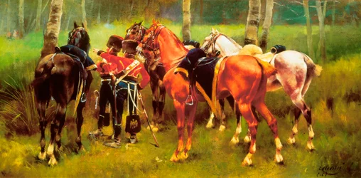 ""Grupp husarer och hästar i skogen"" Målning av Josep Cusachs i Cusachs (1851-1908). 1905.