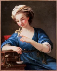 Ung kvinna i turkisk dräkt leker med en fågel som är ute ur sin bur. Hon bär turban och ett pärlarmband. Målning av Joseph-Marie Vien (Joseph Marie Vien