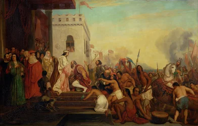 Christopher Columbus mottagen av Ferdinand II och Isabella den katolska på sin återkomst från Indien ...