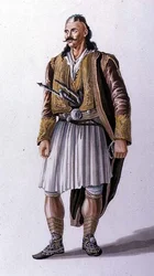 Kapten för Suliote albaner, illustration från Canto II av "Child Harolds pilgrimsfärd" av Lord Byron, graverad av Robert Havell & Son, pub. 1822 (färggravyr)