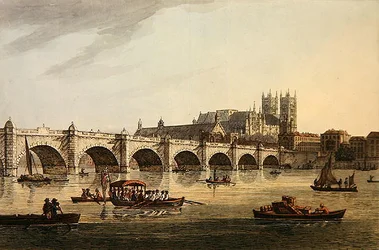 Vy över Westminster Bridge, Abbey och Hall, graverad av J.C. Stadler