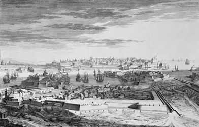 En vy av staden Malta på sidan av Cotonere, ca 1750 (gravyr)
