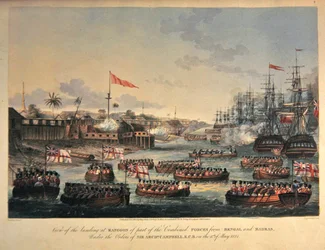 Vy över landstigningen i Rangoon för en del av de kombinerade styrkorna från Bengalen och Madras, under order av Sir Archibald Campbell, den 11 maj 1825, graverad av Henry Pyall (1795-1833) 1825 (handfärgad akvatint)