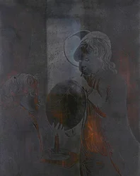 Tallrik för två pojkar som blåser en blåsa i ljussken, akvatint av Peter Perez Burdett (1735-93) (akvatint) (se 272306)
