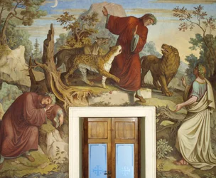 Dante sovande, angripen av vilda djur och möter Vergilius
