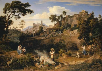 Landskap nära Olevano med en parad av dansande bönder, 1823-24