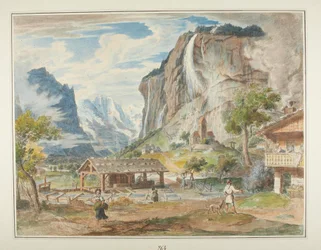 Staubbachfallen och berget Jungfrau i Lauterbrunnendalen i Schweiz