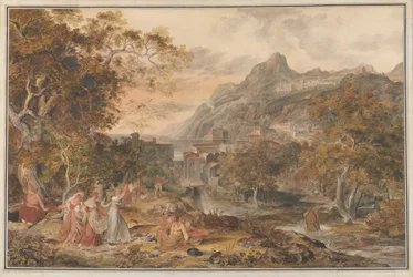 Utsikt över Vietri med unga lantkvinnor som dansar för herdar i förgrunden, 1800.