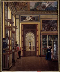Smyckesrummet vid Louvren och enfiladen av Charles X-rummen. Målning av Joseph Auguste (1800-talet)