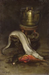 Stilleben med fisk och kittel