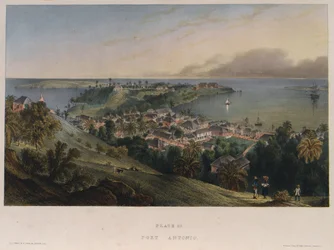 Port Antonio, Jamaica. Litografi (42x57,2 cm) av Joseph Bartholomew Kidd (1808-1889)
