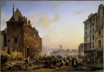 Les Trois Glorieuses (27, 28 och 29 juli): "" Attack av Paris stadshus den 28/07/1830"" Målning av Joseph Beaume (1796-1885) 1831 Sön. 1,45x2,1 m