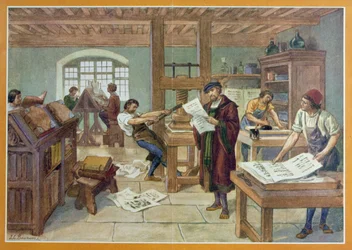 Gutenbergs uppfinning av boktryck med rörliga typer, illustration ur "Första boken om Frankrikes historia" av A. Aymard, utgiven av Hachette
