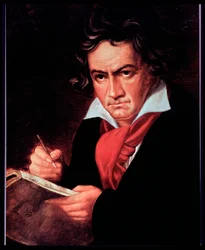 Porträtt av den tyske kompositören Ludwig van Beethoven som skriver Missa solemnis. (målning