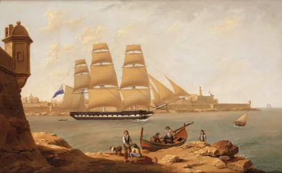 En fregatt passerar Fort St Elmo när hon är på väg ut ur Grand Harbour, Valetta, Malta (olja på duk)