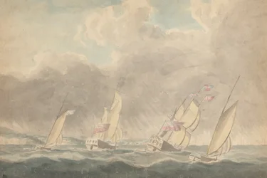 Två krigsslupar, en bark och en skonare (?), Sterns Forward, in Heavy Seas; Flera segelfartyg i bakgrunden