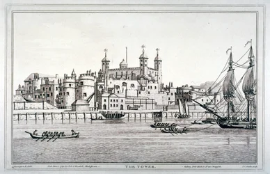 Söderutsikt över Tower of London med båtar på Themsen, 1795