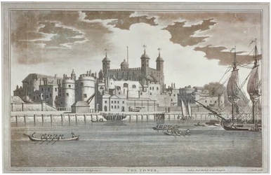 Se Tower of London från Themsen med båtar på floden, 1795