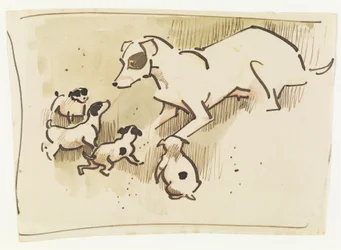 Foxterrier och valpar (penna och tvätt på papper)