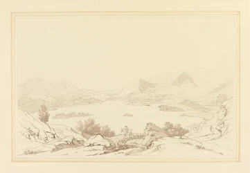 Allmän utsikt över Lake of Derwent Water (penna och bläck med wc över grafit på vävt papper)