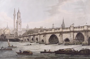 Vy över London Bridge, inklusive Church of St. Magus och The Monument, graverad av J.C. Stadler