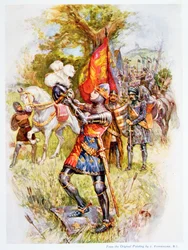 Edvard den svarte prinsen vid slaget vid Crécy år 1346, illustration ur ”Stories of Royal Children from English History” av Doris Ashley, utgiven av Raphael Tuck, 1920