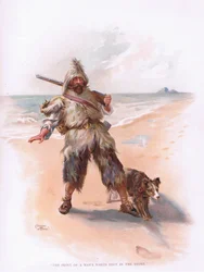 Trycket av en mans fot i sanden (färg litho)