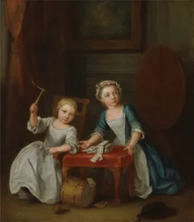 Två barn av familjen Nollekens, förmodligen Jacobus och Maria Sophia, leker med en topp och spelar kort, 1745