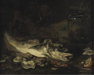 Stilleben med fisk och apelsiner