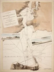 Ett sjökort över New Yorks hamn med sonderingar, utblickar över landmärken och nautiska anvisningar för användning av lotsar. Sammansatt av undersökningar och observationer av löjtnanter John Knight John Hunter från flottan och andra.