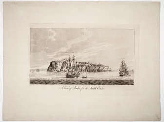 En vy över Quebec från sydost, ca 1781 (kolorerad gravyr)