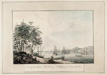 En vy över staden och hamnen i Halifax, från Dartmouth shore, ca 1777 (Tryckt)