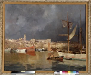 Le Vieux Port a Marseille i stormigt väder Målning av Joseph Garibaldi (1863-1941) 1914 Obligatoriskt omnämnande: Samlingsstiftelsen angående de Provence, Marseille