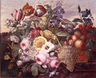 Stilleben med blommor och vindruvor, 1880
