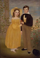 En pojke och en flicka i en trädgård (olja på duk)