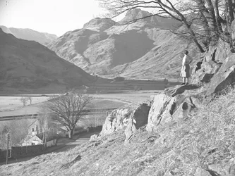 Kvinna står på stenar under träd och tittar på utsikt över Langdale Fells