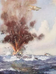 Squadron-Commander A.W. Bigsworth attackerar med bomber en tysk ubåt, som fylls med vatten och sjunker utanför Oostende
