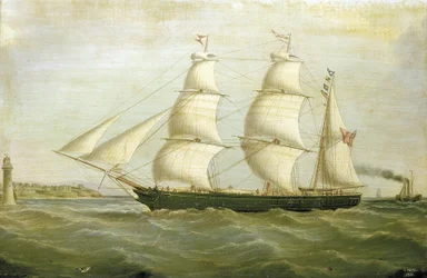 Segelbåten "Queen Bee" (byggd 1852), med en fyr på ena sidan byggd av hus. Oljemålning