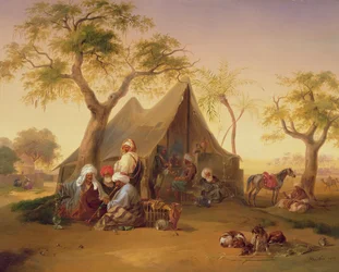 Shejker dricker kaffe framför ett tält, 1842
