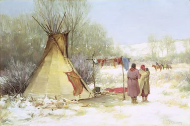 Indianer återvänder till ett vinterläger (olja på duk)